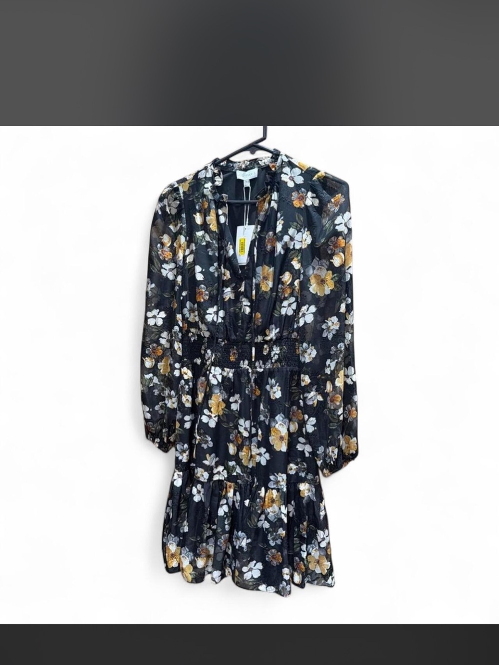 Lucy Paris Black Floral Long-Sleeve Tiered Dress with Yellow & White Flowers